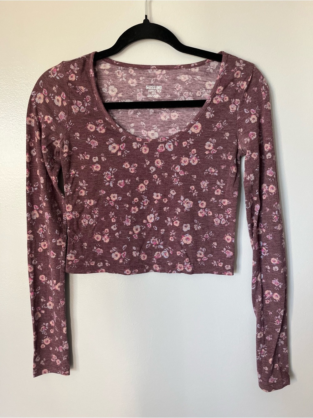 Mossimo Floral Crop Top XS Mauve Long Sleeve Stretch Shirt